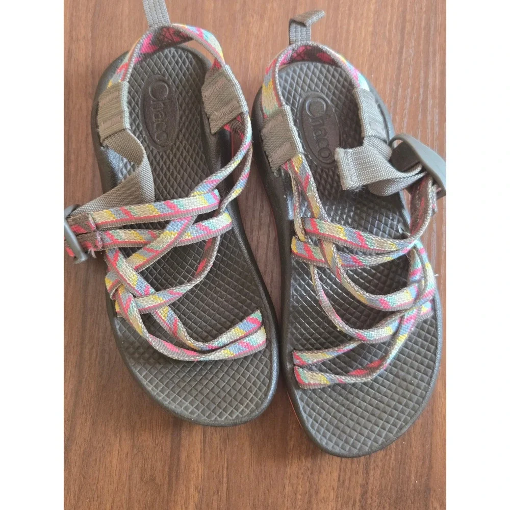 Chaco Kids Z1 Ecotread Strappy Sandals Gray Pink Yellow Geometric Pattern Size13